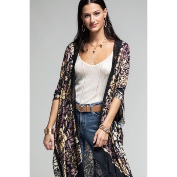 SOLD OUT Delphi Floral Motif Tassel Kimono Duster Full Long Maxi Length Coverup - Picture 2 of 5